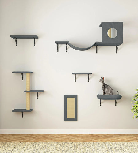 Cat Wall Shelves and Perches Set of 5, Sleeping Playing Lounging Climbing Cat Tree House for Multiple Cats, Black