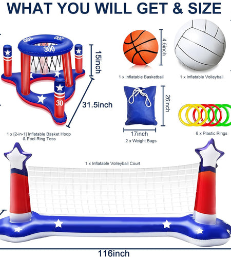Large Inflatable Pool Games Volleyball Net & Basketball Hoop with 2 Beach Balls American Flag Swimming Pool Water Toys for Adult Kids Pool Floating Patriotic Party Supplies(116”X46”X30”) Hoop(31”X24”)