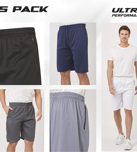 Mens Athletic Running Shorts Dry Fit Active Shorts with Zippered Pockets 5 Pack
