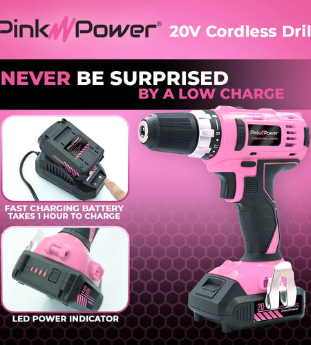 Tool Set for Women - 20V Electric Cordless Power Drill W/ Storage Bag, 16 Pc. Drill Bit & Screwdriver Set, Charger & 2 Batteries
