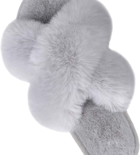 Women'S Cross Band Slippers Soft Plush Furry Cozy Open Toe House Shoes Indoor Outdoor Faux Rabbit Fur Warm Comfy Slip on Breathable