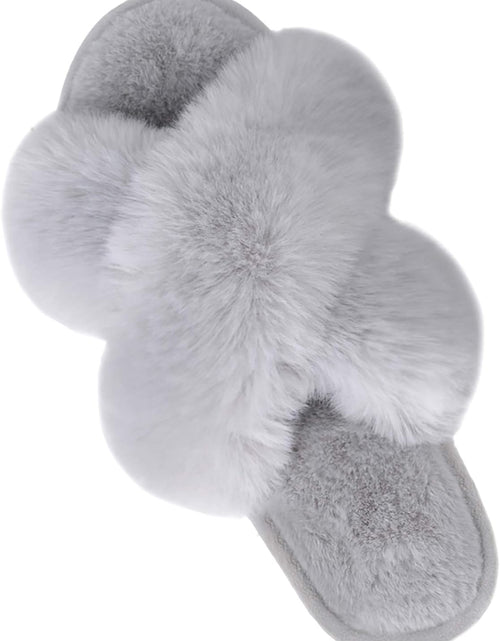 Load image into Gallery viewer, Women&#39;S Cross Band Slippers Soft Plush Furry Cozy Open Toe House Shoes Indoor Outdoor Faux Rabbit Fur Warm Comfy Slip on Breathable
