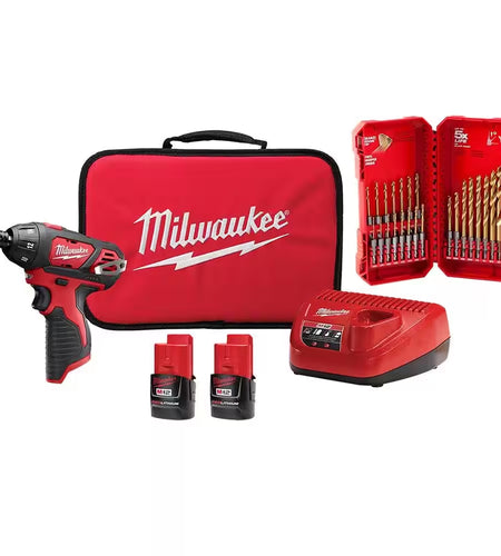 M12 12V Lithium-Ion Cordless 1/4 In. Hex Screwdriver Kit W/ Shockwaveimpact Duty Titanium Drill Bit Set (23-Piece)