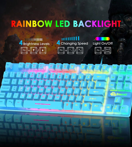 Gaming Keyboard and Mouse Combo, 88 Keys Compact Rainbow Backlit Mechanical Touch Keyboard, RGB Backlit 6400 DPI Lightweight Gaming Mouse with Honeycomb Case for Windows PC Gamers (Blue)