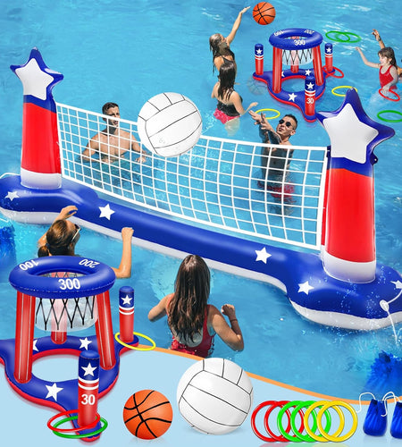 Large Inflatable Pool Games Volleyball Net & Basketball Hoop with 2 Beach Balls American Flag Swimming Pool Water Toys for Adult Kids Pool Floating Patriotic Party Supplies(116”X46”X30”) Hoop(31”X24”)