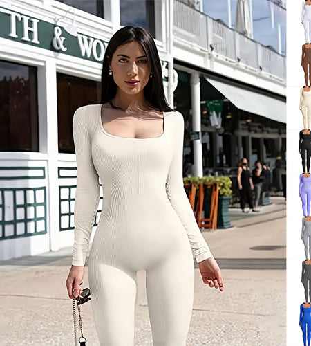 Women'S Yoga Sports Fitness Jumpsuit Workout Long Sleeve Square Collar Clothing