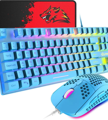 Gaming Keyboard and Mouse Combo, 88 Keys Compact Rainbow Backlit Mechanical Touch Keyboard, RGB Backlit 6400 DPI Lightweight Gaming Mouse with Honeycomb Case for Windows PC Gamers (Blue)