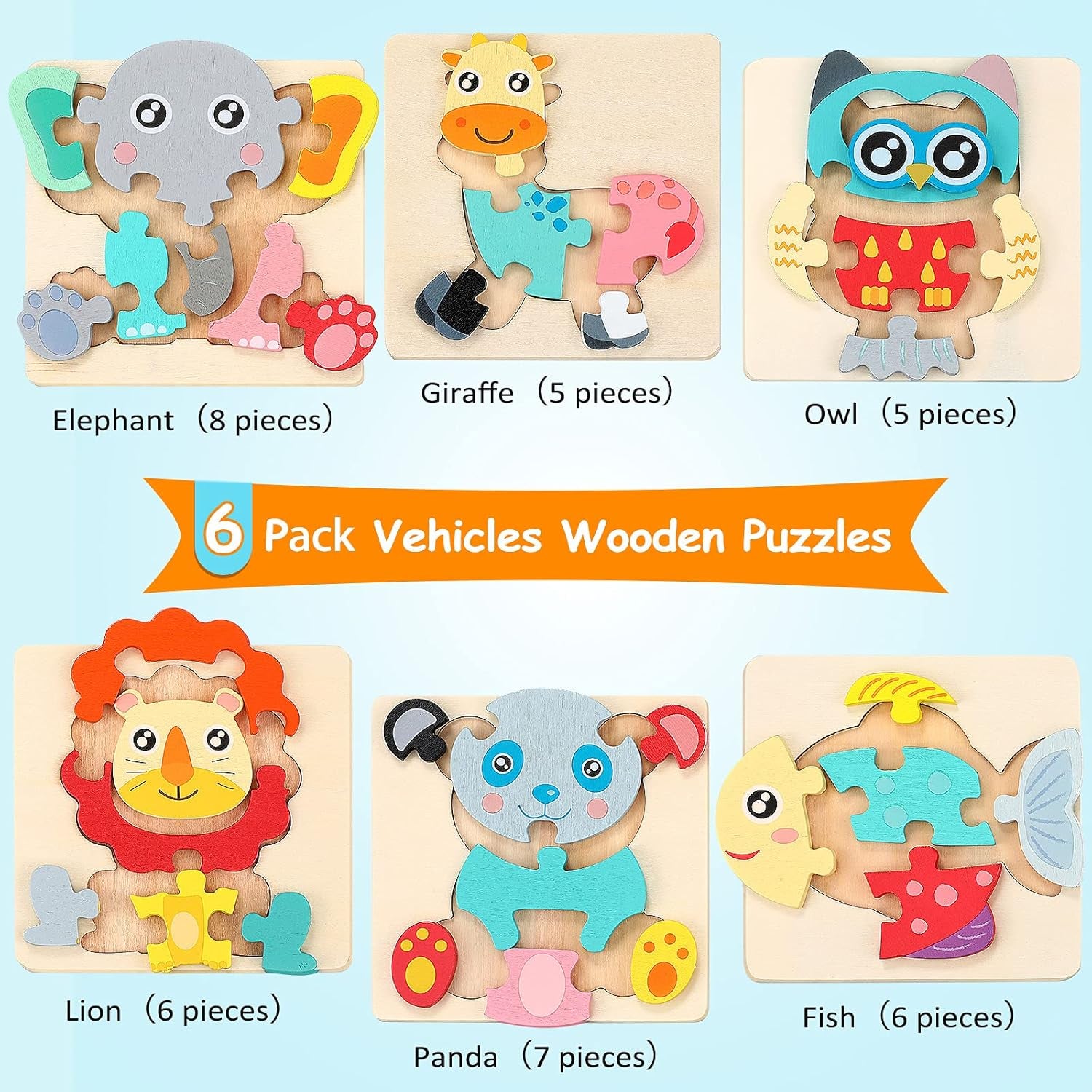 6 Pack Wooden Puzzles for Toddler 1-3 Years Old Wood Jigsaw Puzzles for Boys Montessori Games and Educational Toys for Kids Wooden Toddler Puzzles Present (Animal)