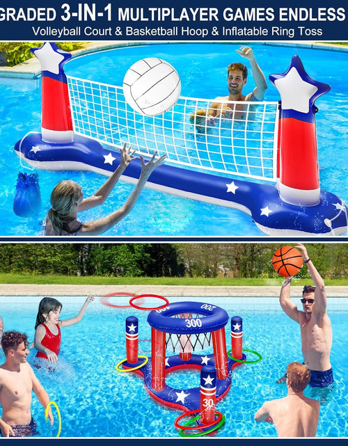 Load image into Gallery viewer, Large Inflatable Pool Games Volleyball Net &amp; Basketball Hoop with 2 Beach Balls American Flag Swimming Pool Water Toys for Adult Kids Pool Floating Patriotic Party Supplies(116”X46”X30”) Hoop(31”X24”)
