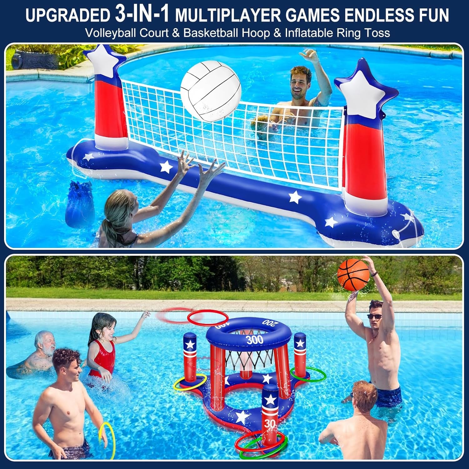 Large Inflatable Pool Games Volleyball Net & Basketball Hoop with 2 Beach Balls American Flag Swimming Pool Water Toys for Adult Kids Pool Floating Patriotic Party Supplies(116”X46”X30”) Hoop(31”X24”)