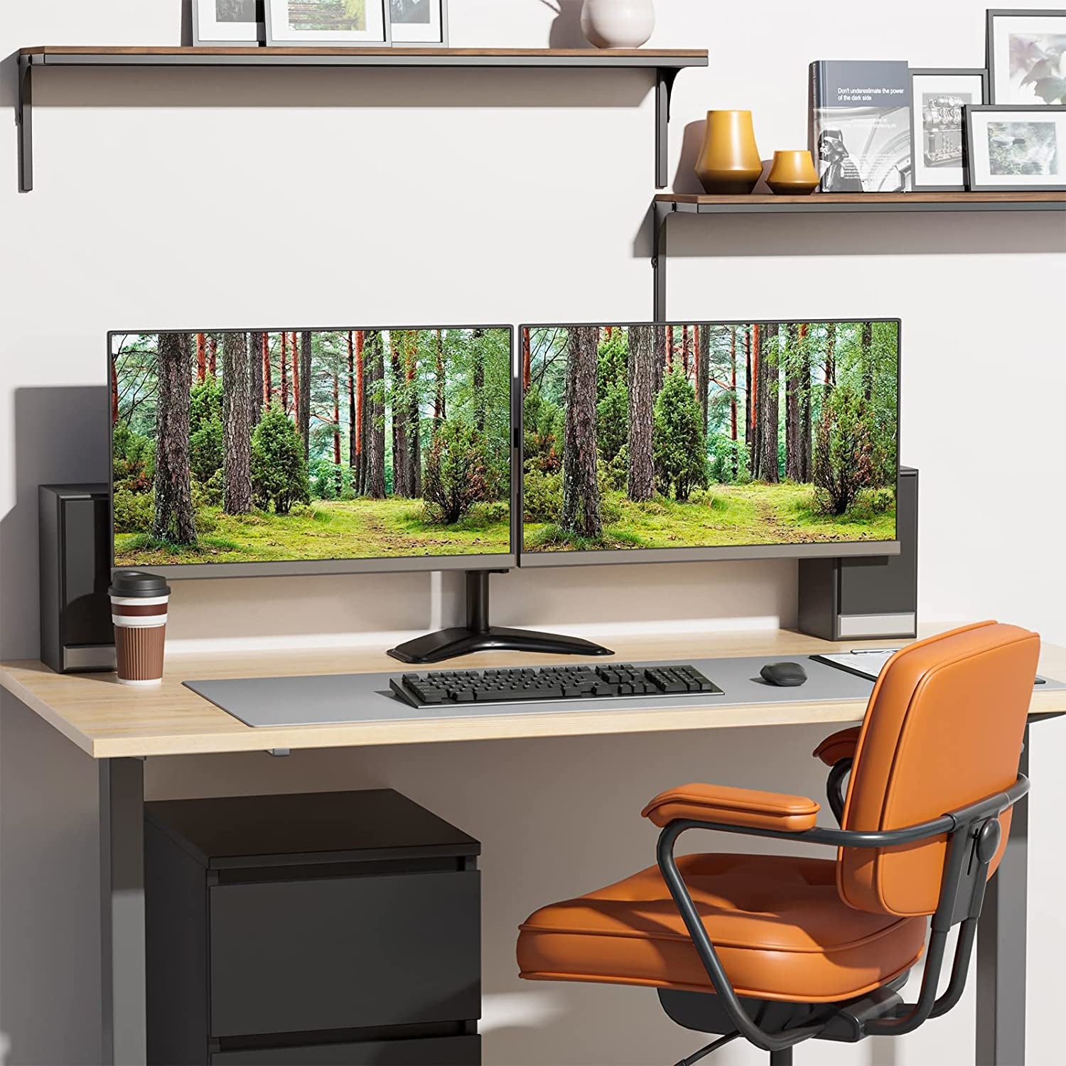 Free Standing Dual LCD Monitor Fully Adjustable Desk Mount Fits 2 Screens up to 27 Inch, 22 Lbs. Weight Capacity per Arm, with Grommet Base (MF002), Black