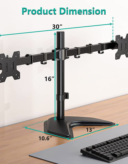 Load image into Gallery viewer, Free Standing Dual LCD Monitor Fully Adjustable Desk Mount Fits 2 Screens up to 27 Inch, 22 Lbs. Weight Capacity per Arm, with Grommet Base (MF002), Black
