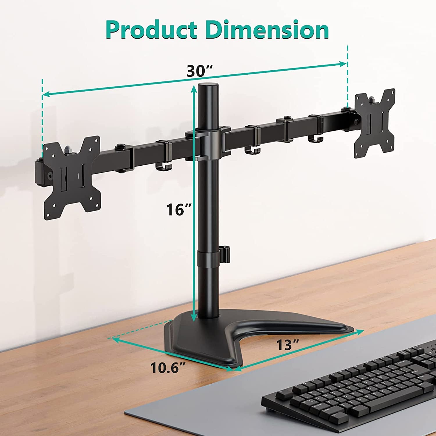 Free Standing Dual LCD Monitor Fully Adjustable Desk Mount Fits 2 Screens up to 27 Inch, 22 Lbs. Weight Capacity per Arm, with Grommet Base (MF002), Black