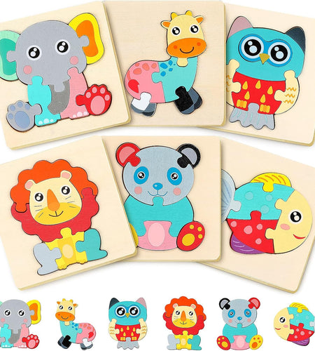 6 Pack Wooden Puzzles for Toddler 1-3 Years Old Wood Jigsaw Puzzles for Boys Montessori Games and Educational Toys for Kids Wooden Toddler Puzzles Present (Animal)