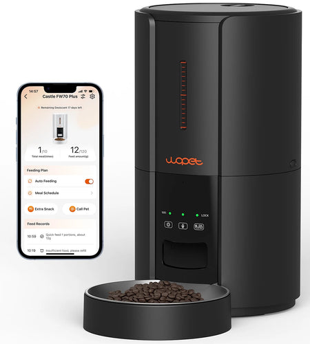 Automatic Dog Food Feeders, FT70P Timed Cat Feeder with Portion Control, Auto Dog Dispenser with 10S Meal Call and Backup Power Supply for Cat & Dog, 5L, Black