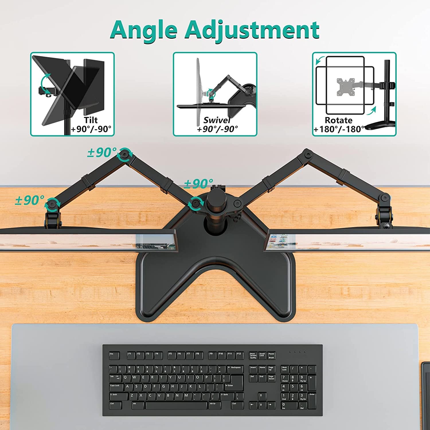 Free Standing Dual LCD Monitor Fully Adjustable Desk Mount Fits 2 Screens up to 27 Inch, 22 Lbs. Weight Capacity per Arm, with Grommet Base (MF002), Black