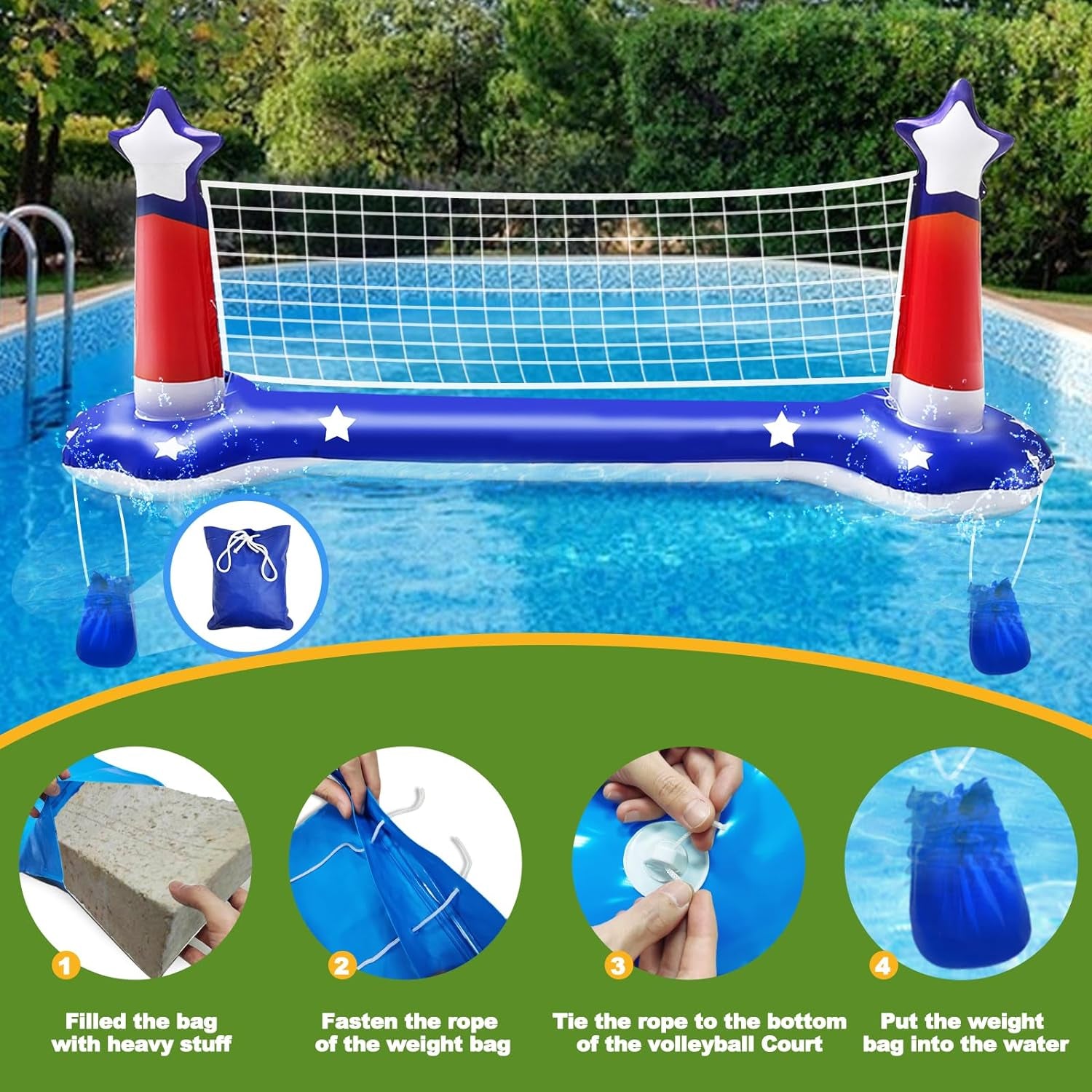 Large Inflatable Pool Games Volleyball Net & Basketball Hoop with 2 Beach Balls American Flag Swimming Pool Water Toys for Adult Kids Pool Floating Patriotic Party Supplies(116”X46”X30”) Hoop(31”X24”)