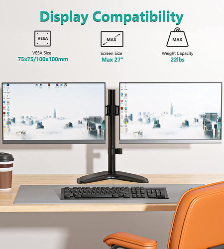 Free Standing Dual LCD Monitor Fully Adjustable Desk Mount Fits 2 Screens up to 27 Inch, 22 Lbs. Weight Capacity per Arm, with Grommet Base (MF002), Black