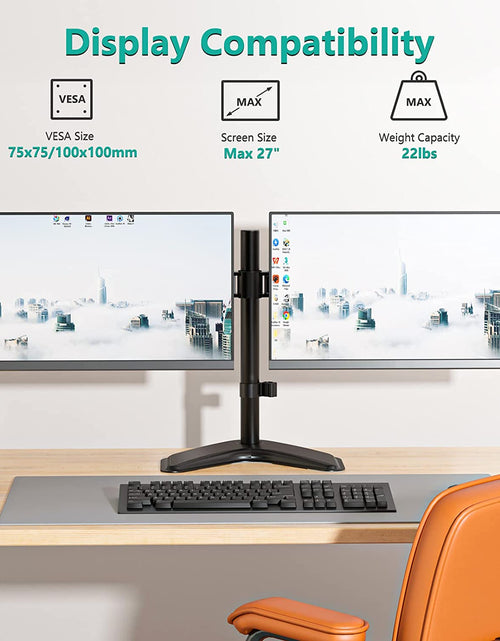 Load image into Gallery viewer, Free Standing Dual LCD Monitor Fully Adjustable Desk Mount Fits 2 Screens up to 27 Inch, 22 Lbs. Weight Capacity per Arm, with Grommet Base (MF002), Black
