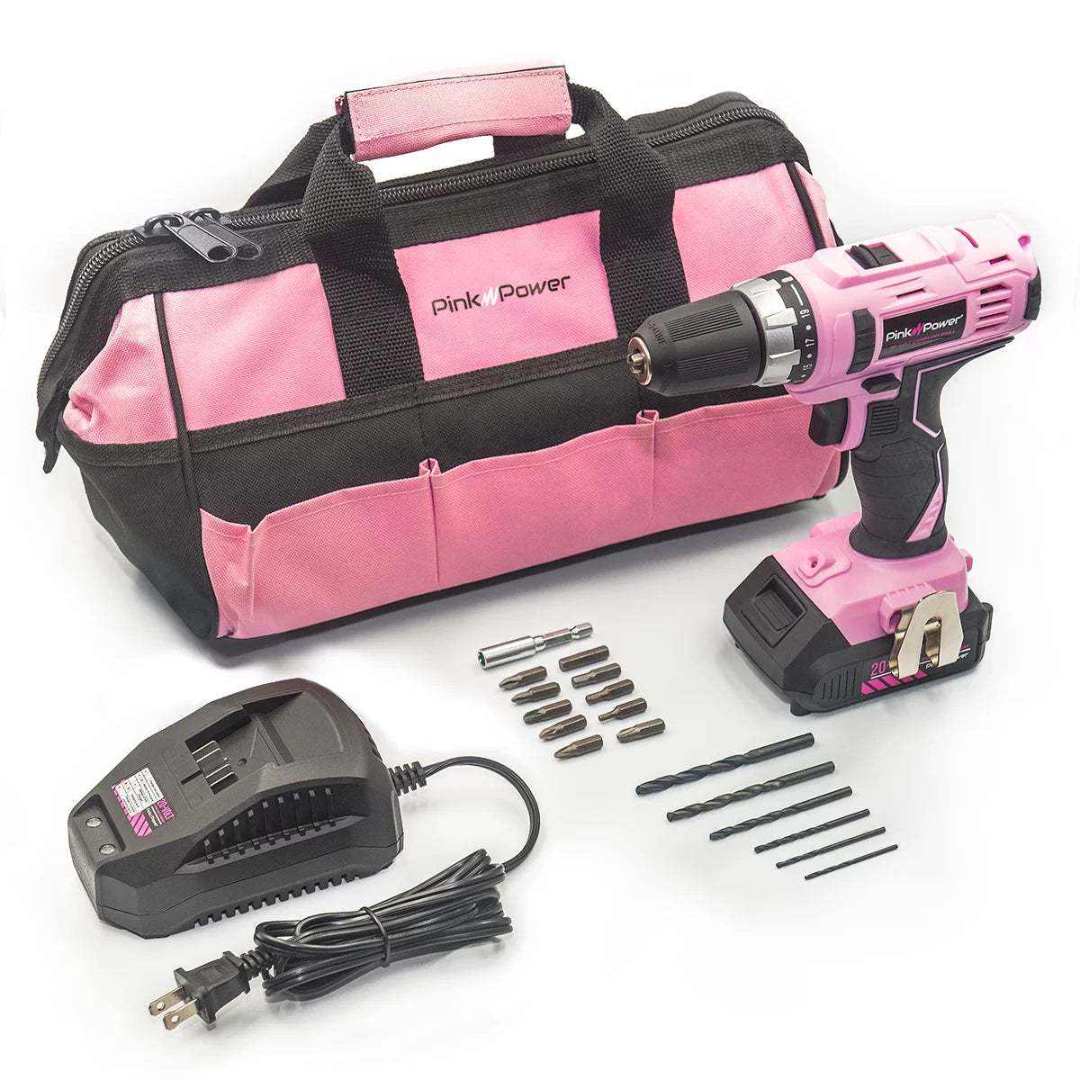 Tool Set for Women - 20V Electric Cordless Power Drill W/ Storage Bag, 16 Pc. Drill Bit & Screwdriver Set, Charger & 2 Batteries