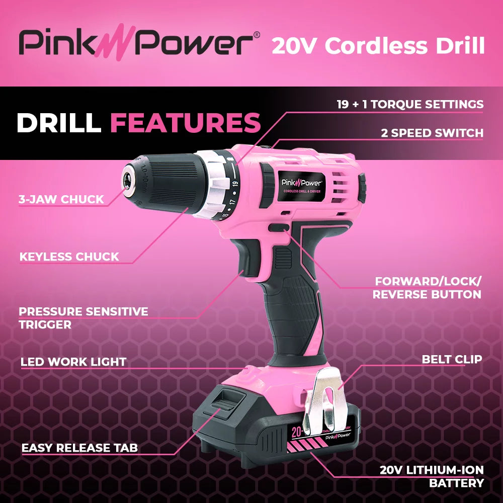 Tool Set for Women - 20V Electric Cordless Power Drill W/ Storage Bag, 16 Pc. Drill Bit & Screwdriver Set, Charger & 2 Batteries