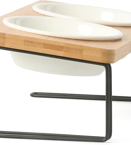 Elevated Cat Ceramic Bowls, Small Dog 15° Tilted Raised Food Feeding Dishes, Solid Bamboo Water Stand Feeder Set for Cats and Puppy