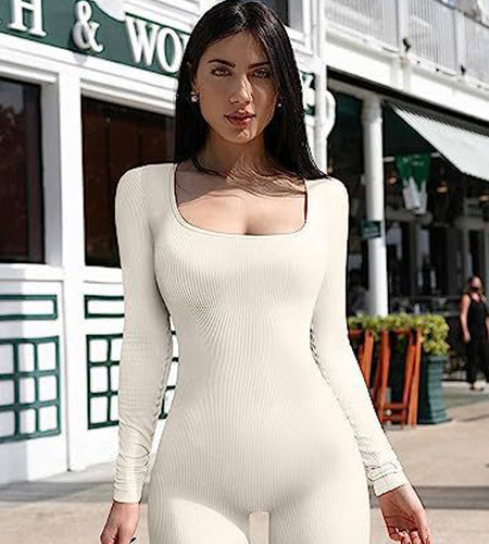 Women'S Yoga Sports Fitness Jumpsuit Workout Long Sleeve Square Collar Clothing