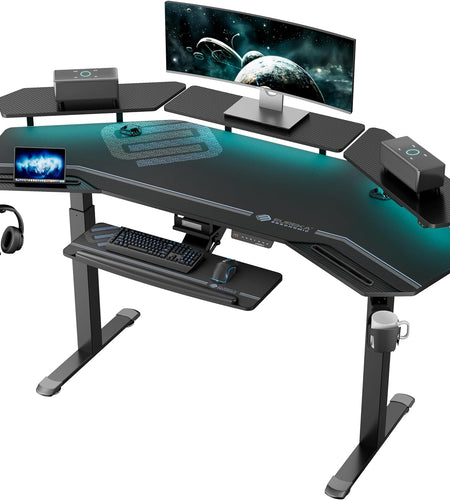 Gaming Desk, Standing Desk Keyboard Tray, 72" Wing Shaped Music Studio Desk Electric Adjustable Height Desk Sit Stand Desk with LED Shelves, Gaming Recording Live Stream, Slot Design