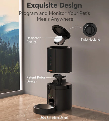 Automatic Dog Food Feeders, FT70P Timed Cat Feeder with Portion Control, Auto Dog Dispenser with 10S Meal Call and Backup Power Supply for Cat & Dog, 5L, Black